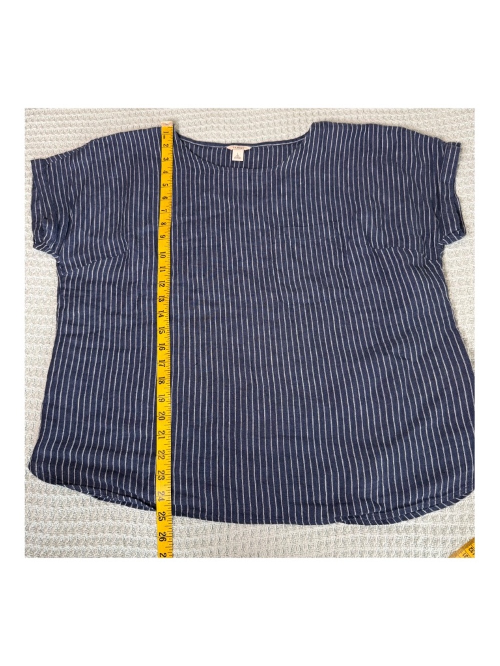 LL Bean 100% Linen Shirt Womens Large Reg Navy Blue Stripe Lagenlook Top 517773 - Picture 8 of 8